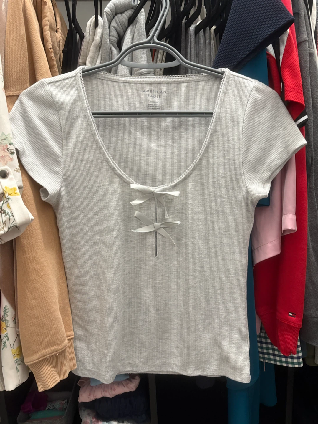 American Eagle Grey Ribbed Tee with Bow Detail