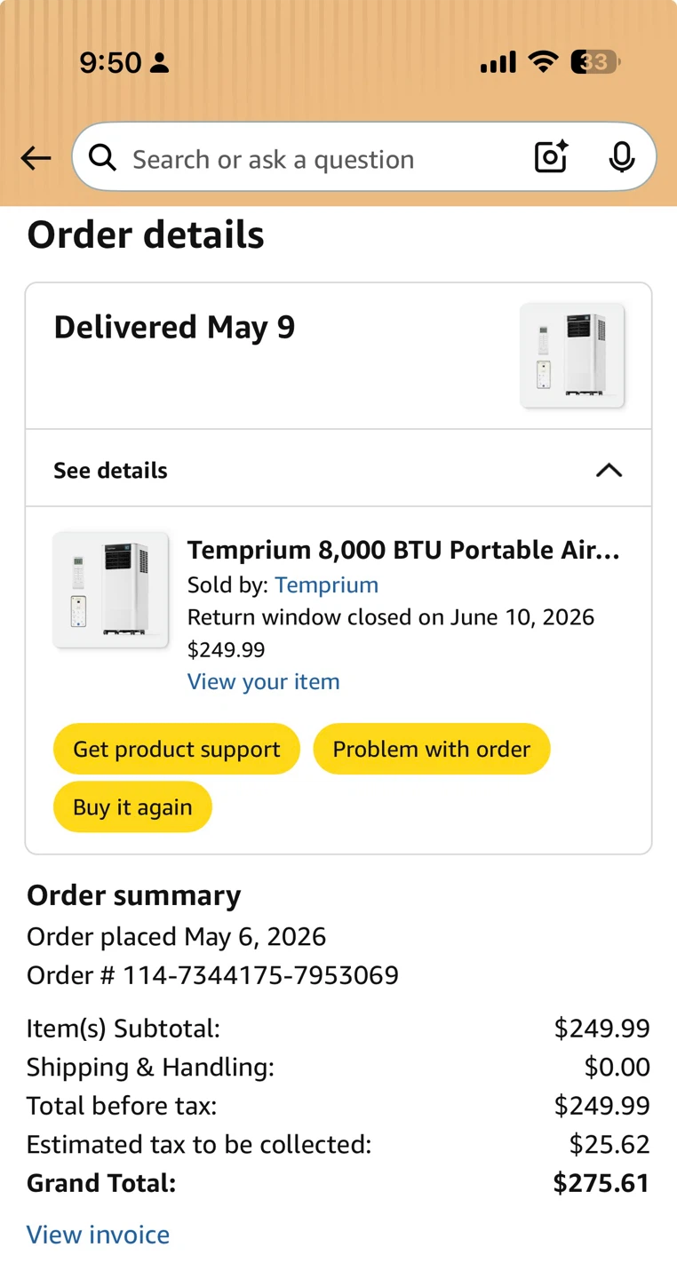 Tempríum 8,000 BTU Portable Air Conditioner