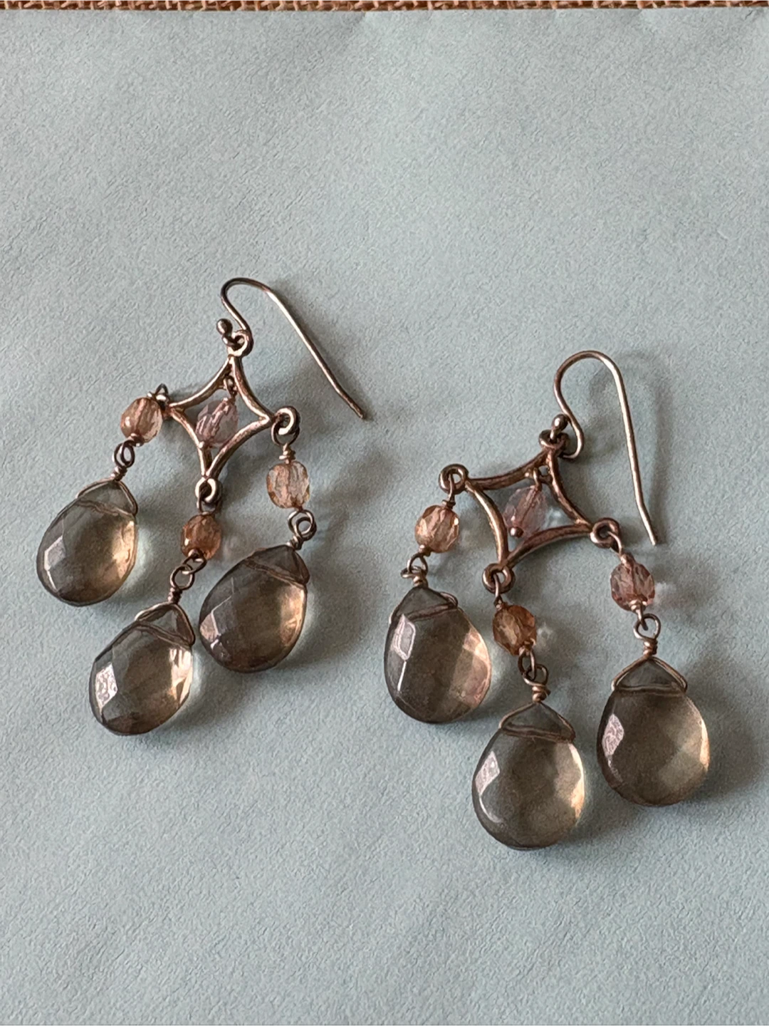 Chandelier Earrings with Smoky Quartz & Pink Beads
