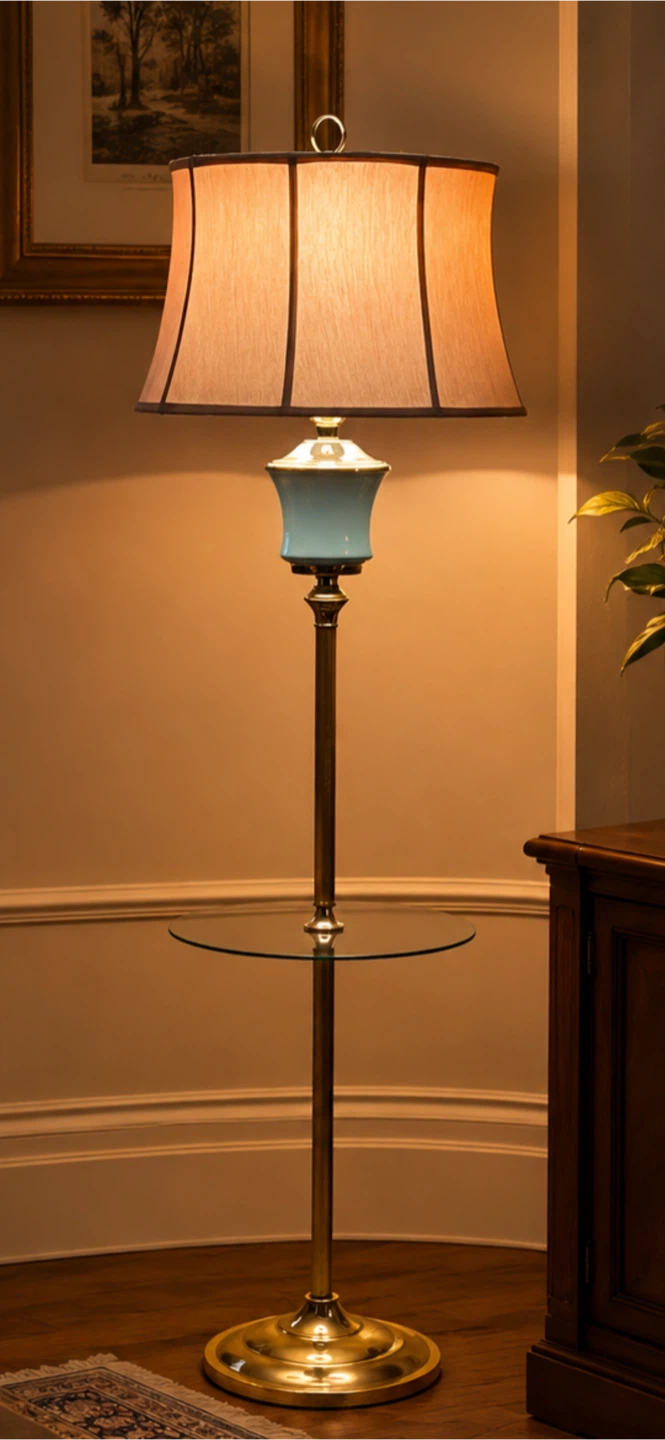 Brass floor lamp with glass shelf and beige shade - photo 2