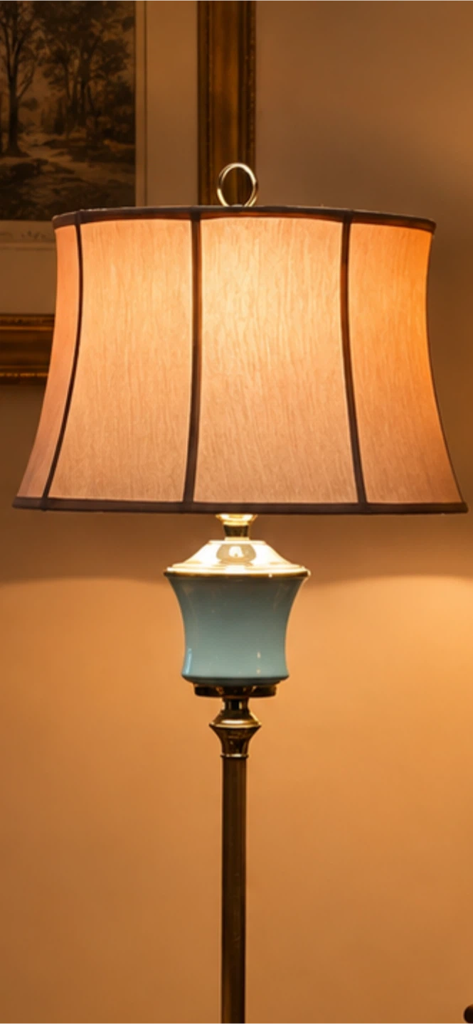 Brass floor lamp with glass shelf and beige shade - photo 3