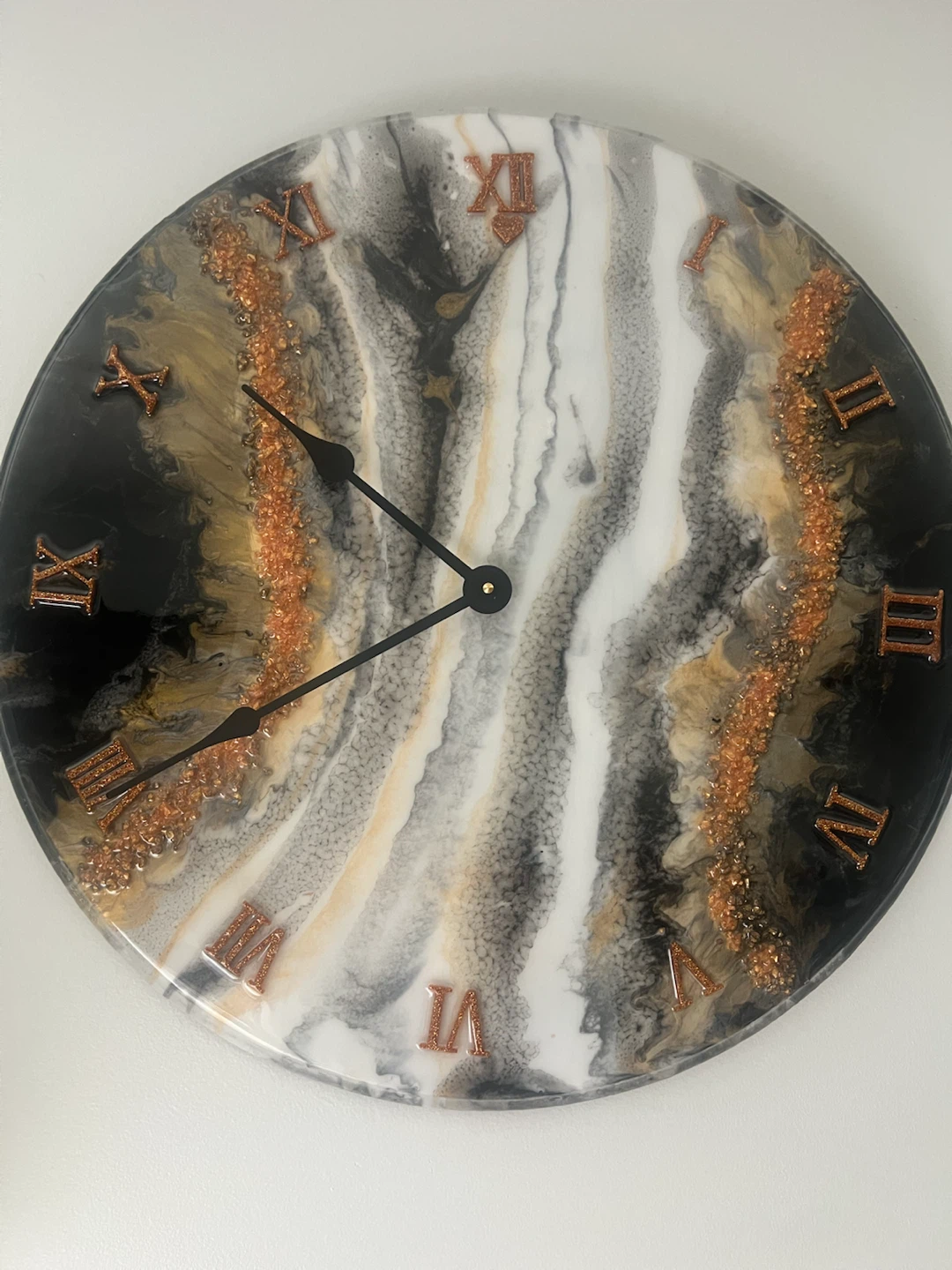 Handmade Resin Wall Clock - Black, White, Gold & Copper
