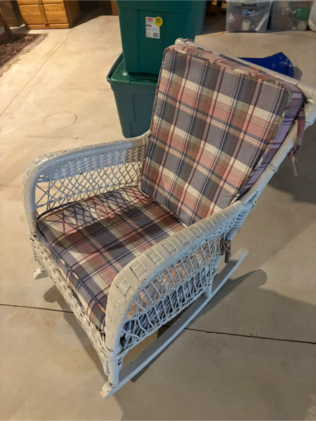 White Wicker Rocking Chair with Plaid Cushions