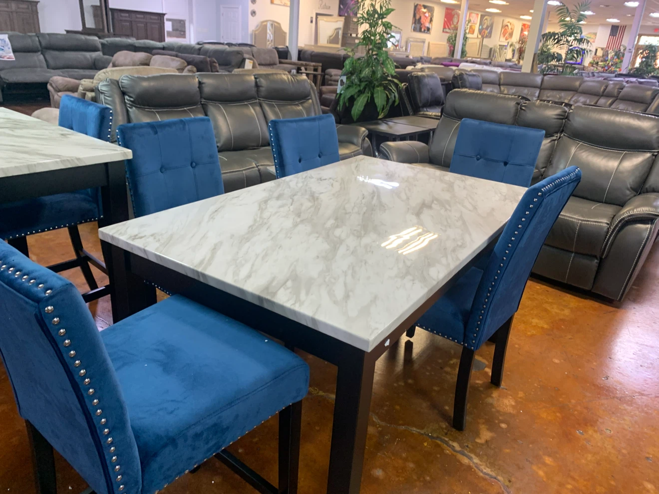 Marble Top Dining Table with Blue Velvet Chairs