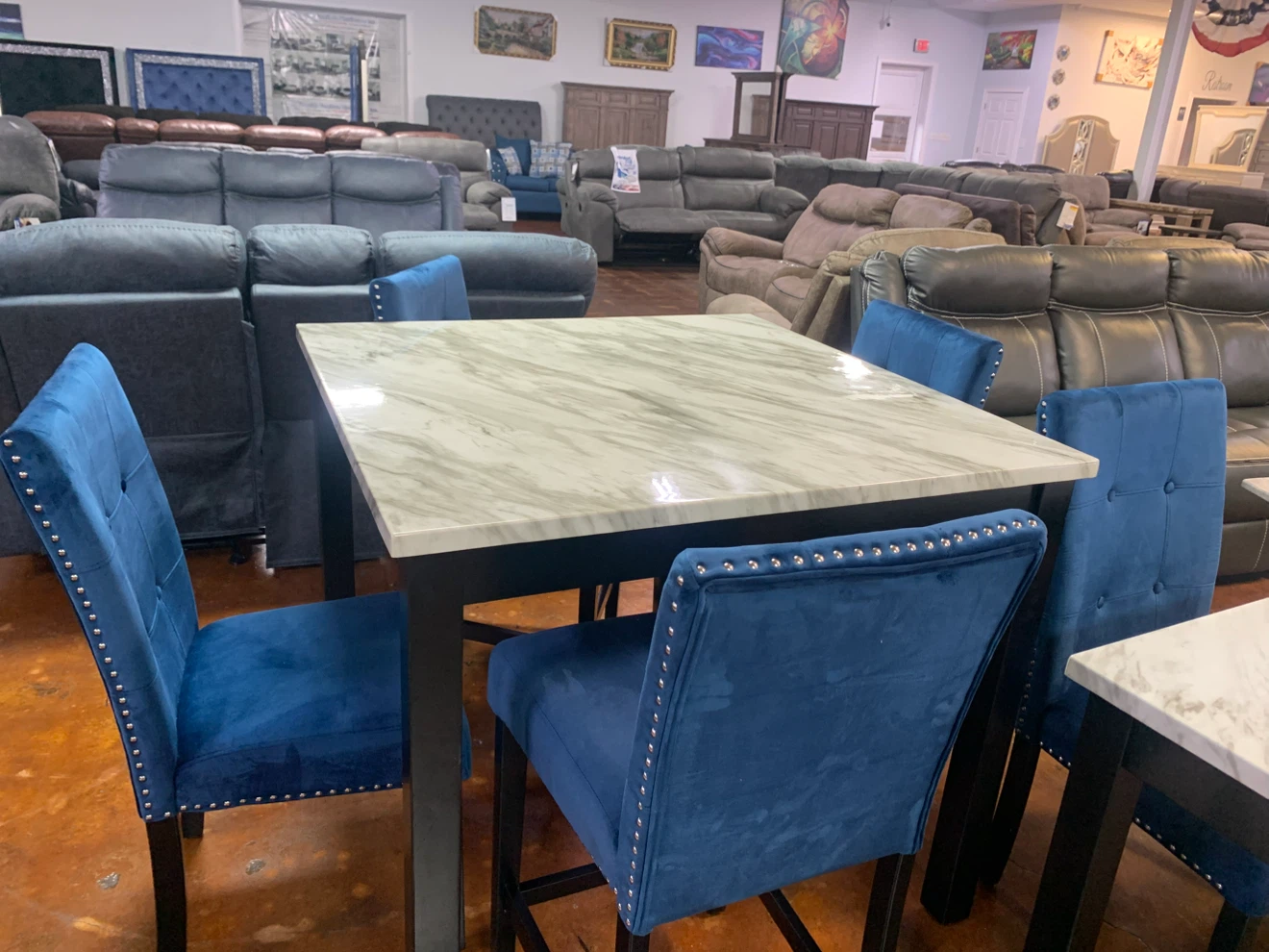 Marble Top Dining Set with Blue Velvet Chairs