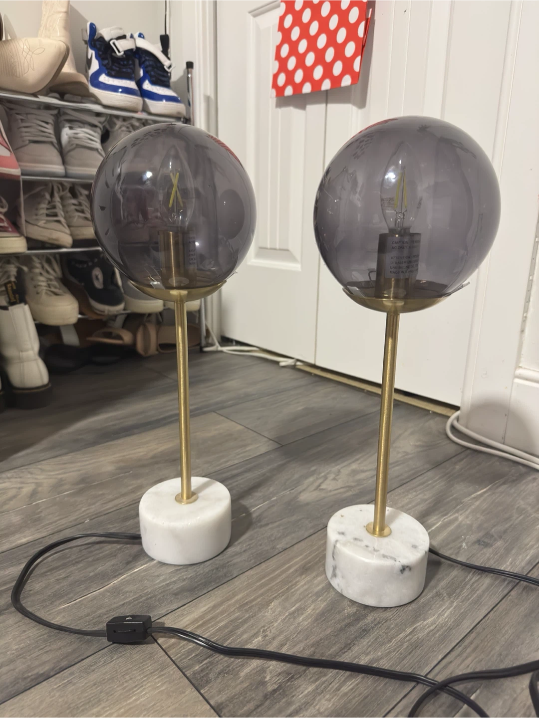 Pair of Grey Globe Table Lamps with Marble Bases