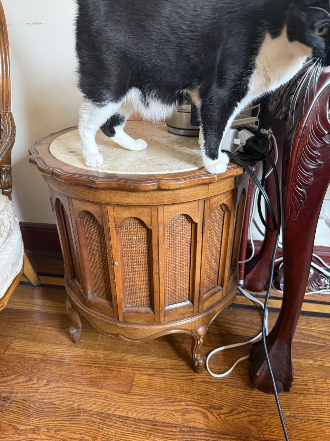 Vintage Wooden Side Table with Cane Accents