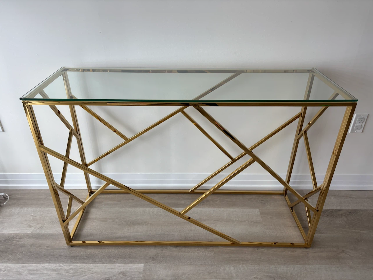 Gold Geometric Console Table with Glass Top