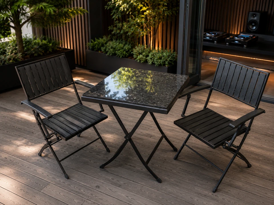 Patio Bistro Set with Custom Granite Top & 2 Folding Chairs