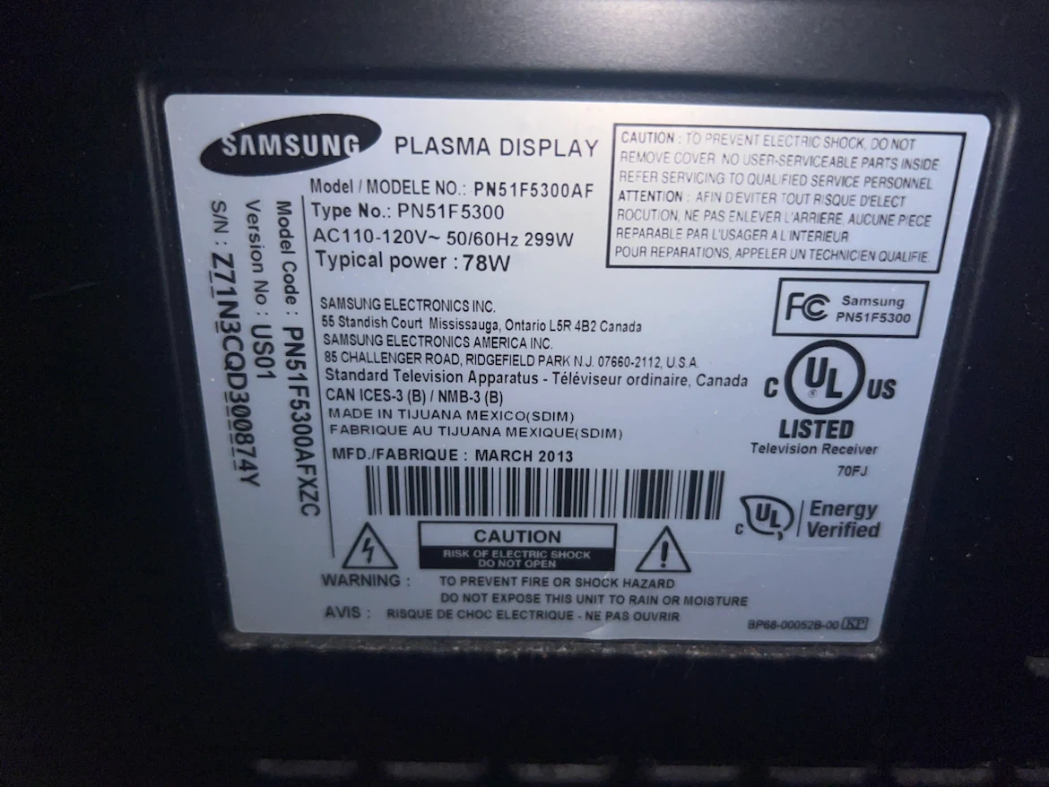 Samsung PN51F5300AF Plasma Display Television - photo 3