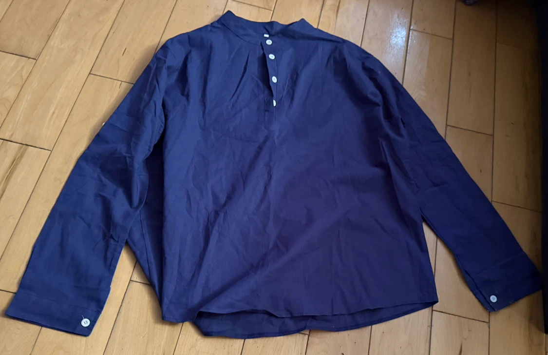 Navy Blue Long Sleeve Shirt with Mandarin Collar
