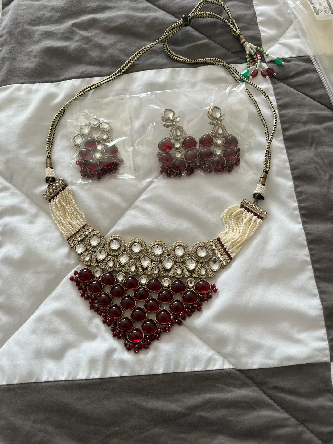 Indian Jewellery Set Necklace and Earrings Red Stones