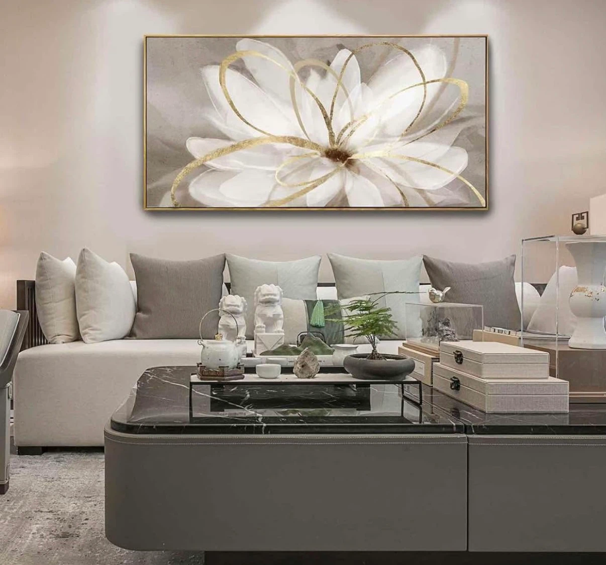 Abstract White Flower Wall Art with Gold Accents