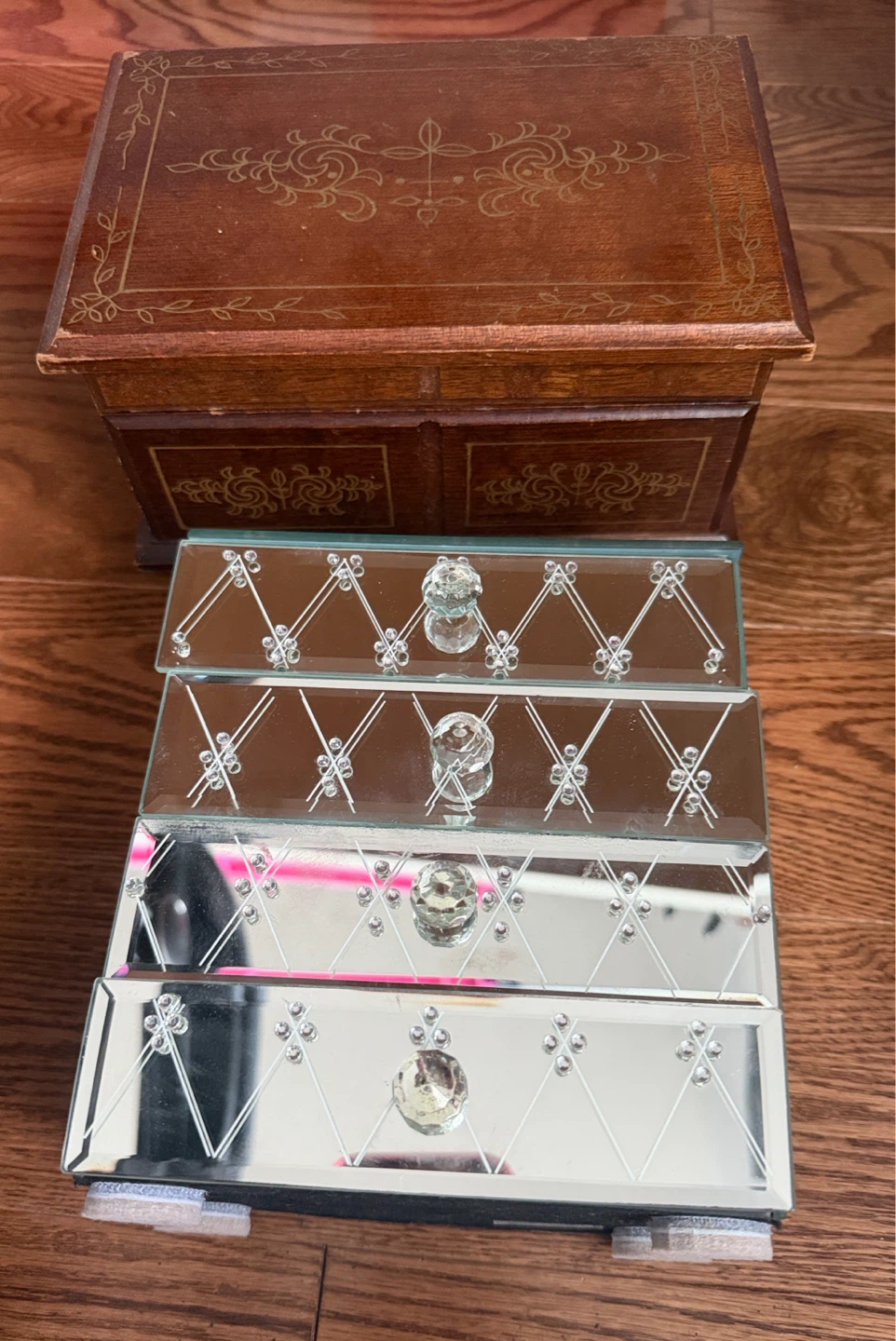 Wooden Music and Mirrored Jewellery Boxes set of 2