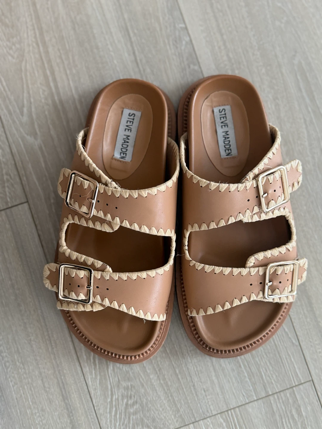 Steve Madden Tan Double Strap Slide Sandals