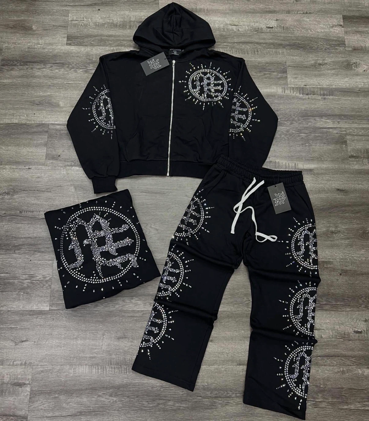 Black Rhinestone Zip-Up Hoodie and Sweatpants Set