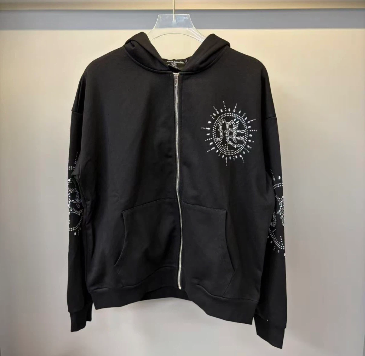 Black Rhinestone Zip-Up Hoodie and Sweatpants Set - photo 2