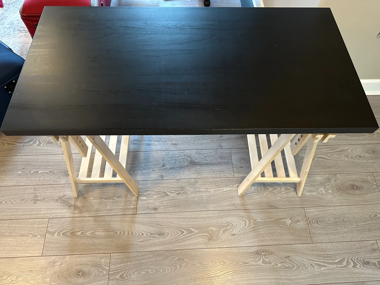 Black IKEA Desk with Wooden Easel Legs
