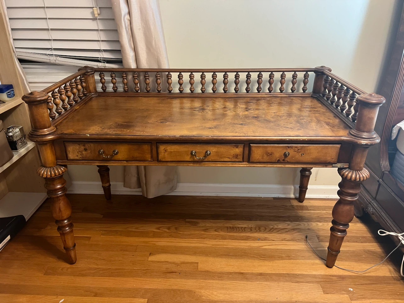 Vintage Wood Writing Desk with Ballister Railing