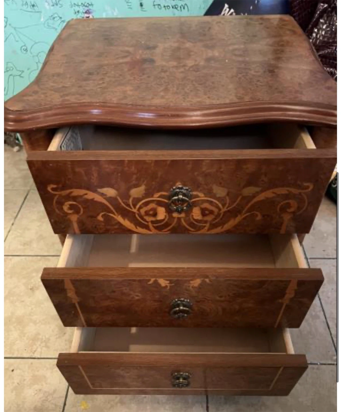 Vintage Inlaid Wood Nightstand with 3 Drawers - photo 2