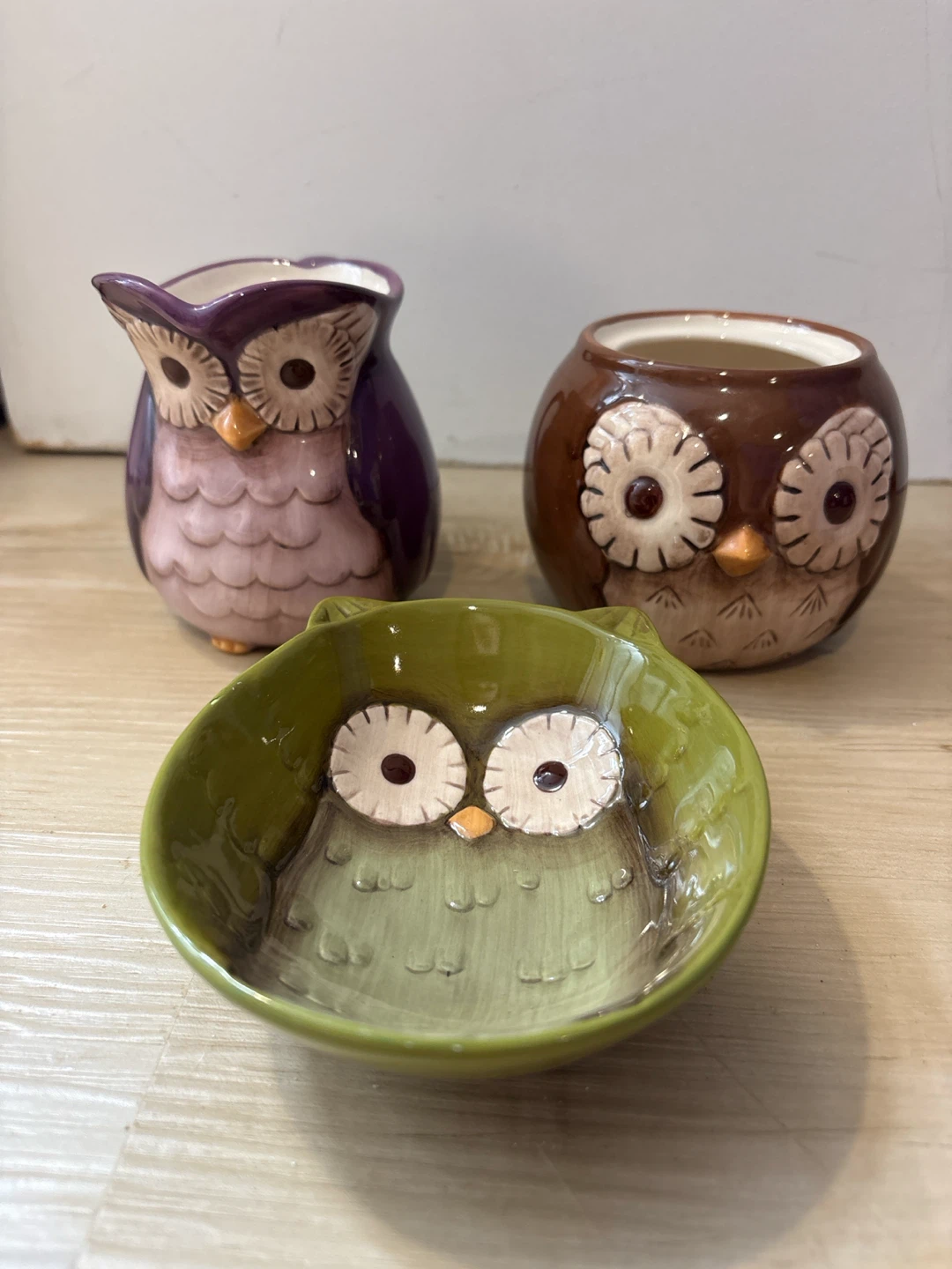 Set of 3 Ceramic Owl Planters/Holders