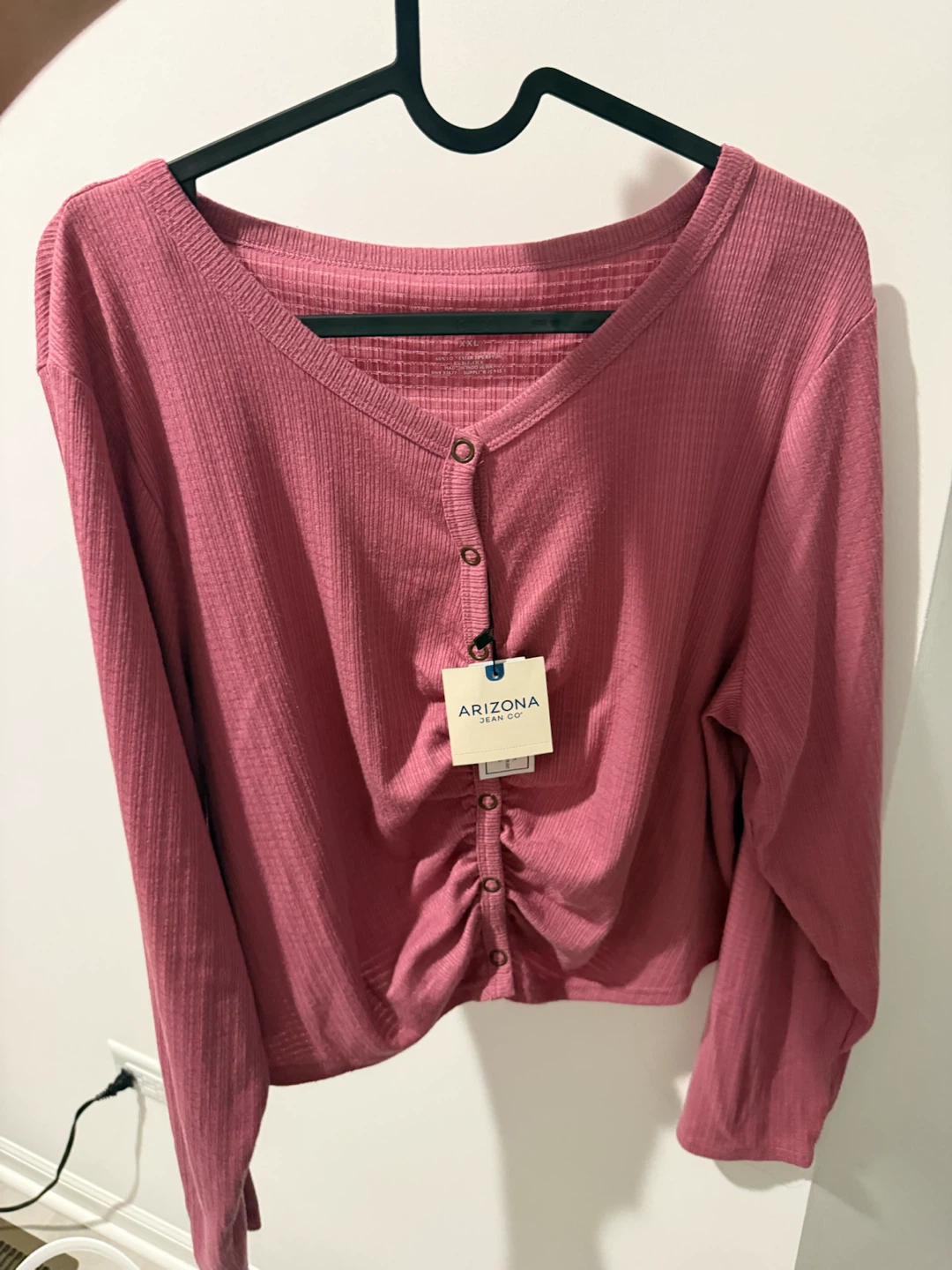 Pink Ribbed Ruched Button-Up Top