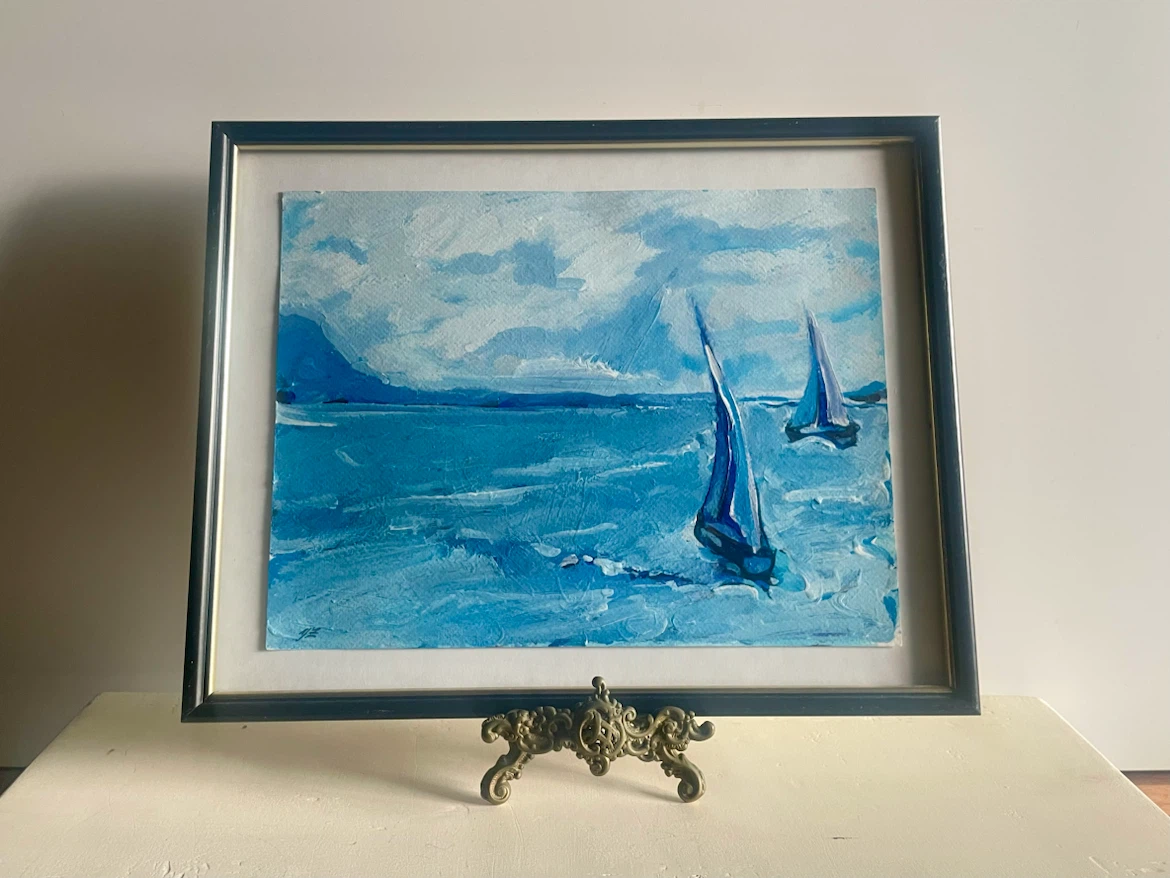 Sailboats at Sea, Oil on Paper