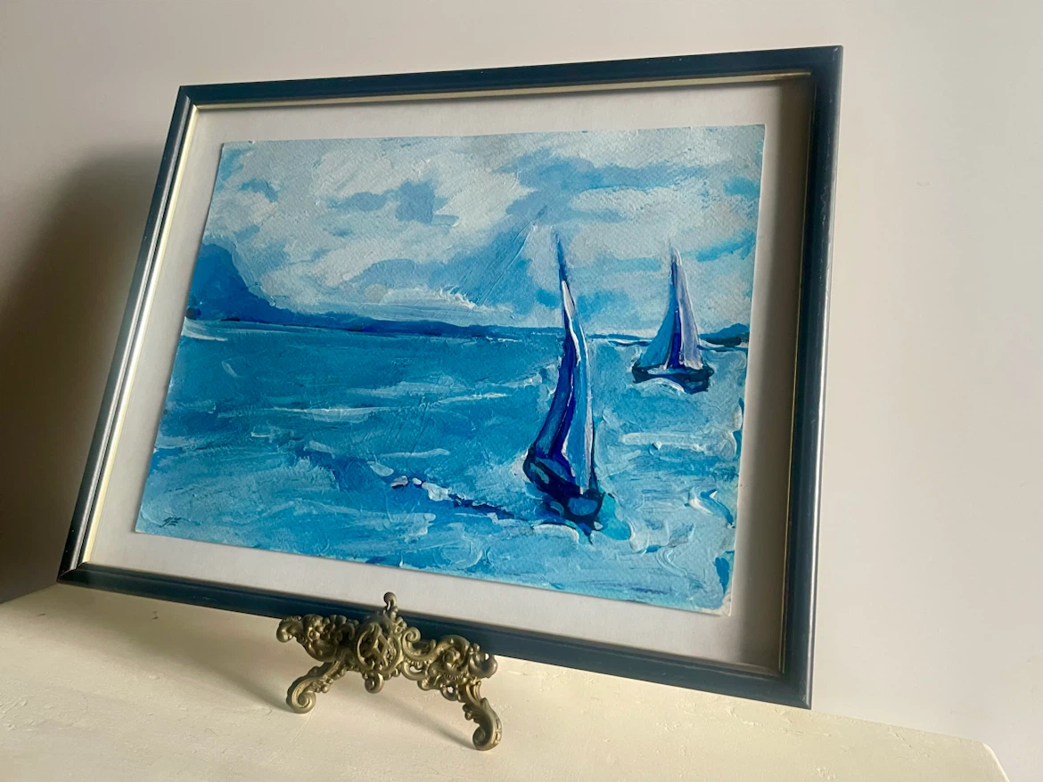 Sailboats at Sea, Oil on Paper - photo 2