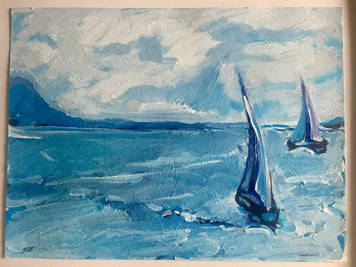 Sailboats at Sea, Oil on Paper - photo 3