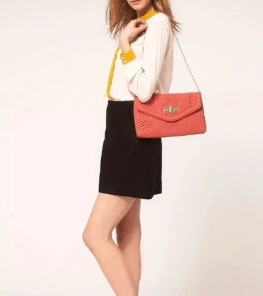 Coral Laser-Cut Clutch Purse with Chain
