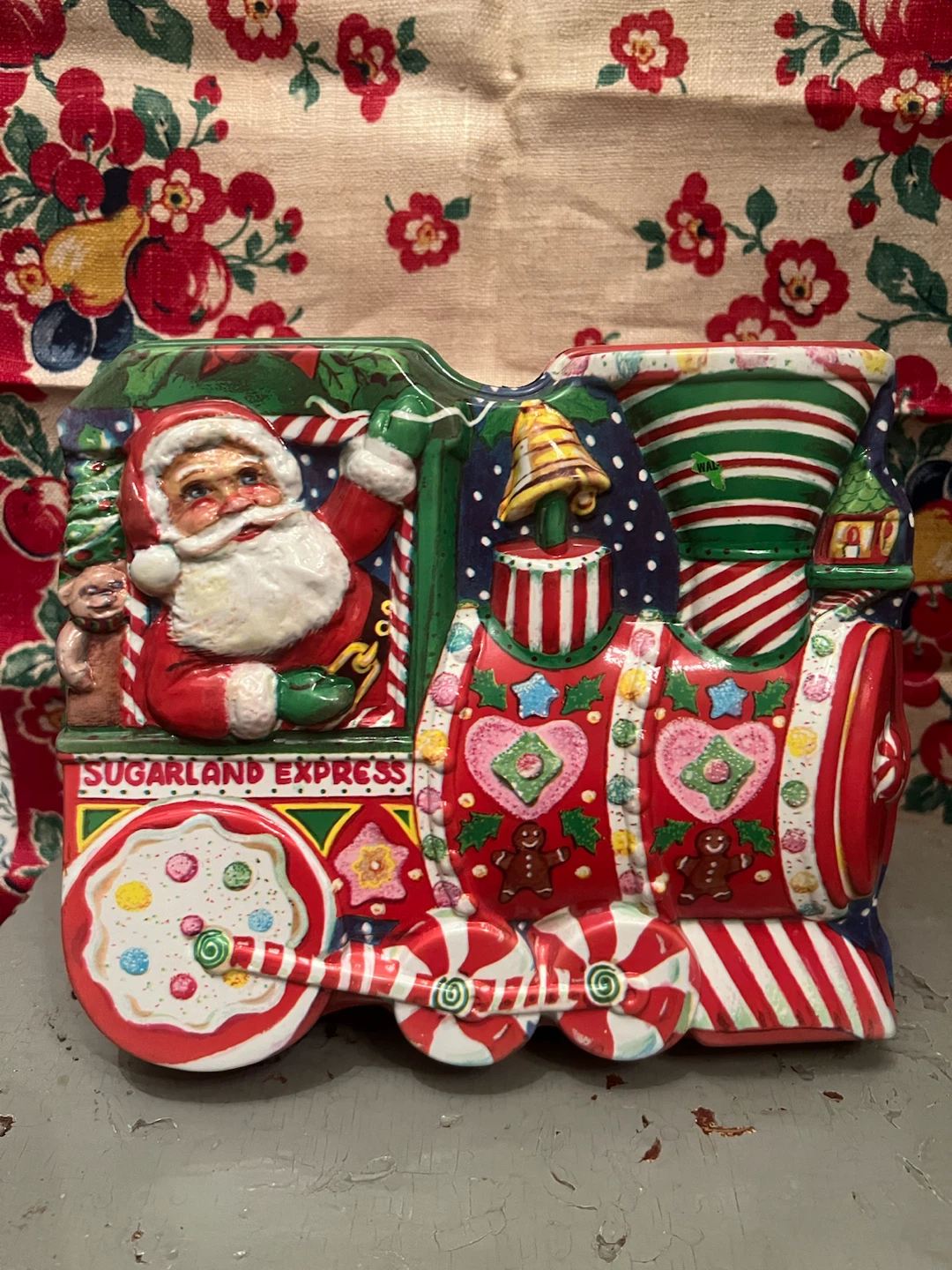Vintage plastic Santa train cookie container