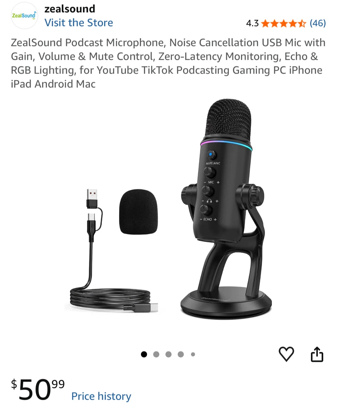 ZealSound Podcast Microphone with RGB Lighting