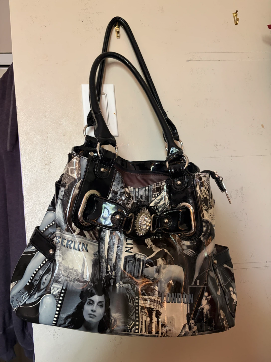 Women's Black and White City Print Shoulder Bag