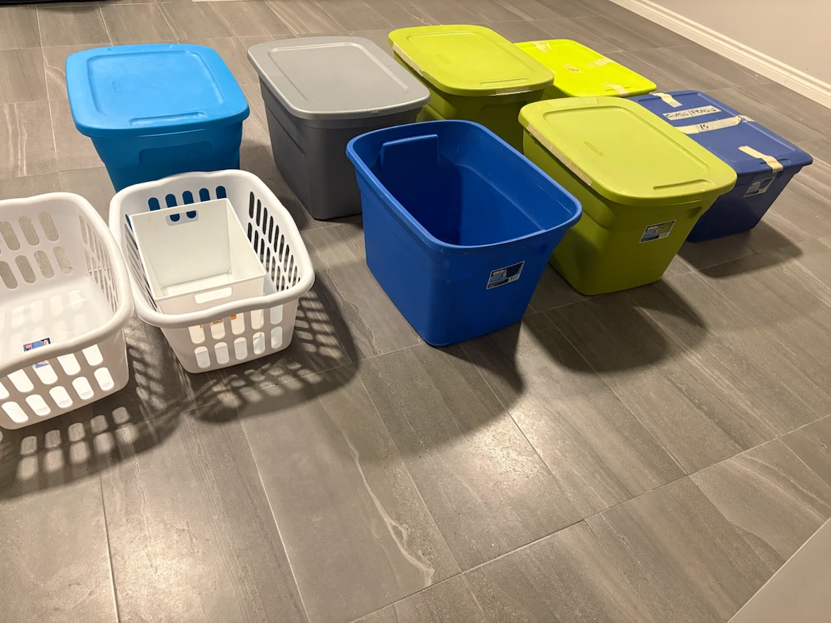 Assorted Plastic Storage Bins and Laundry Baskets