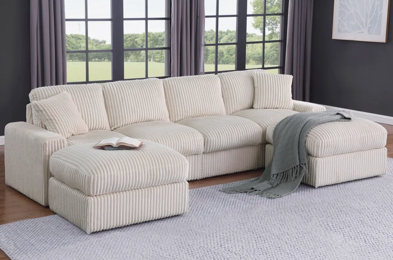 Sectional Sofa with Ottoman - Beige Corduroy - photo 2