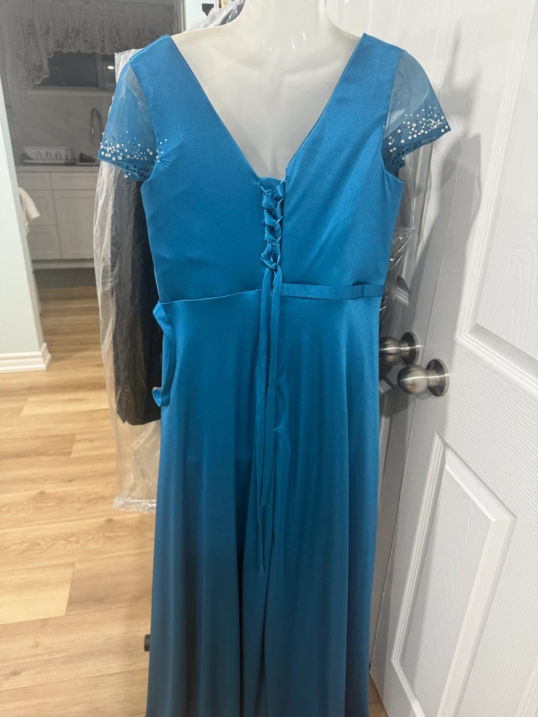 Teal Blue Beaded V-Neck Evening Gown
