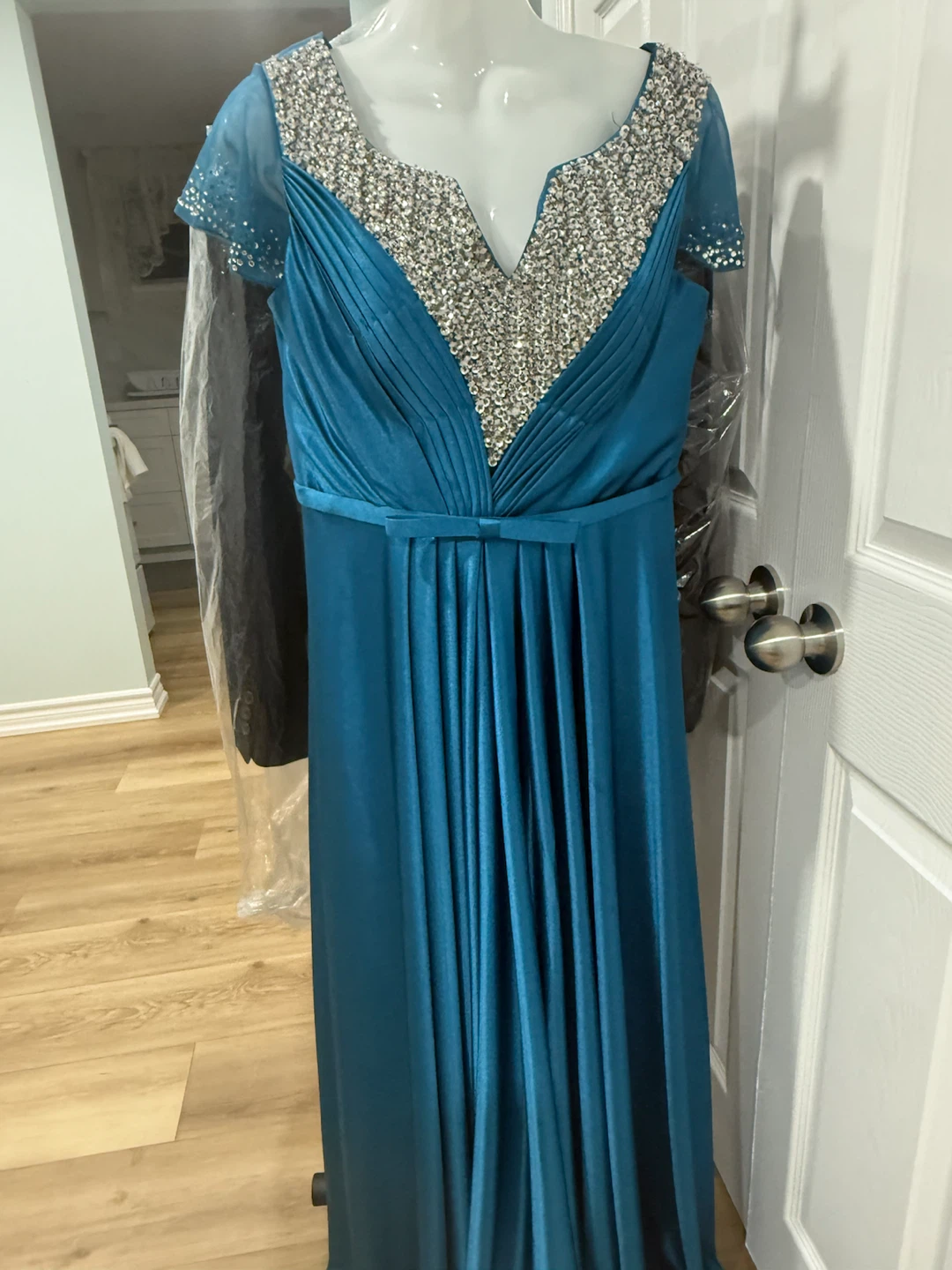 Teal Blue Beaded V-Neck Evening Gown - photo 2