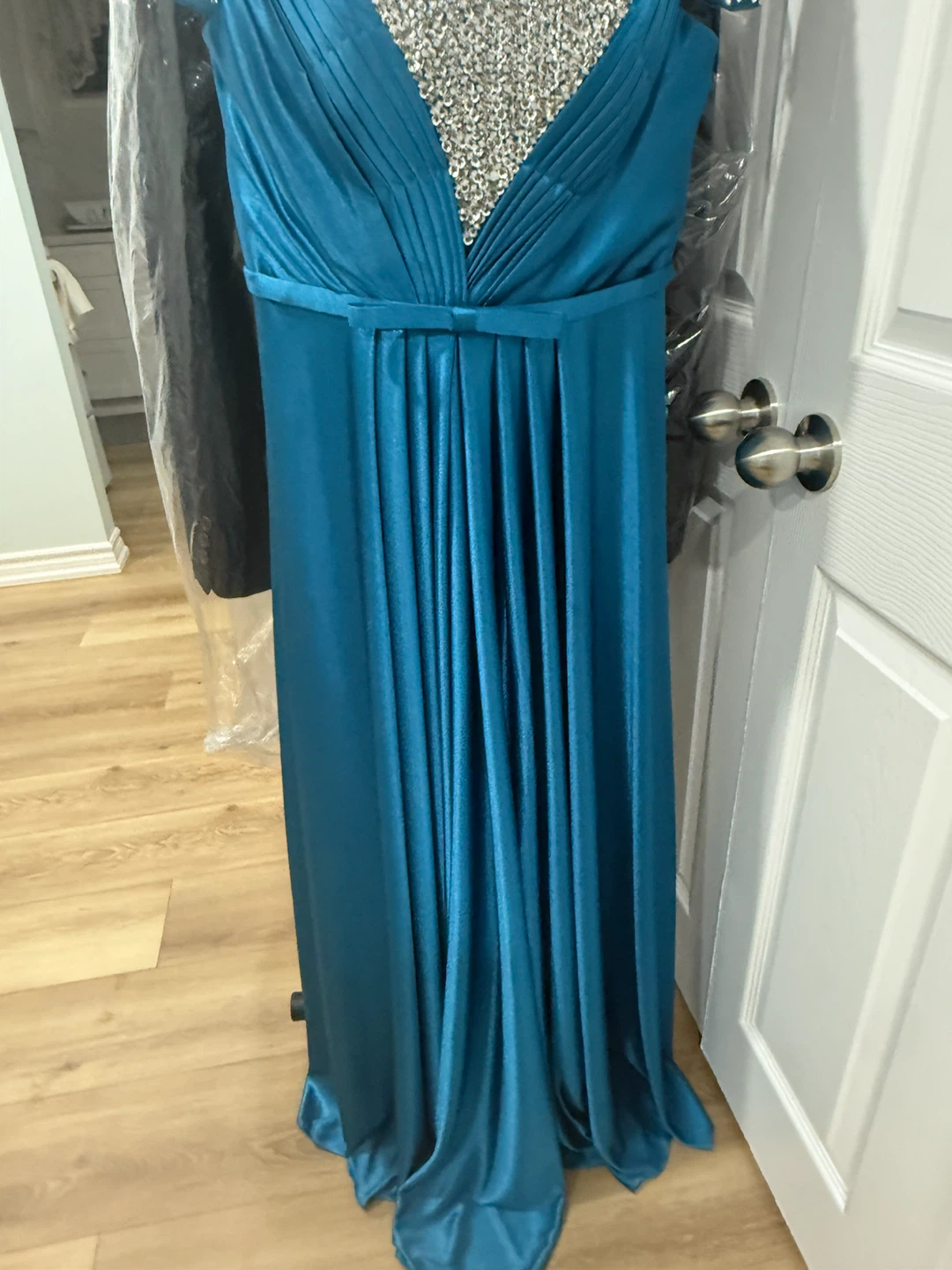 Teal Blue Beaded V-Neck Evening Gown - photo 3