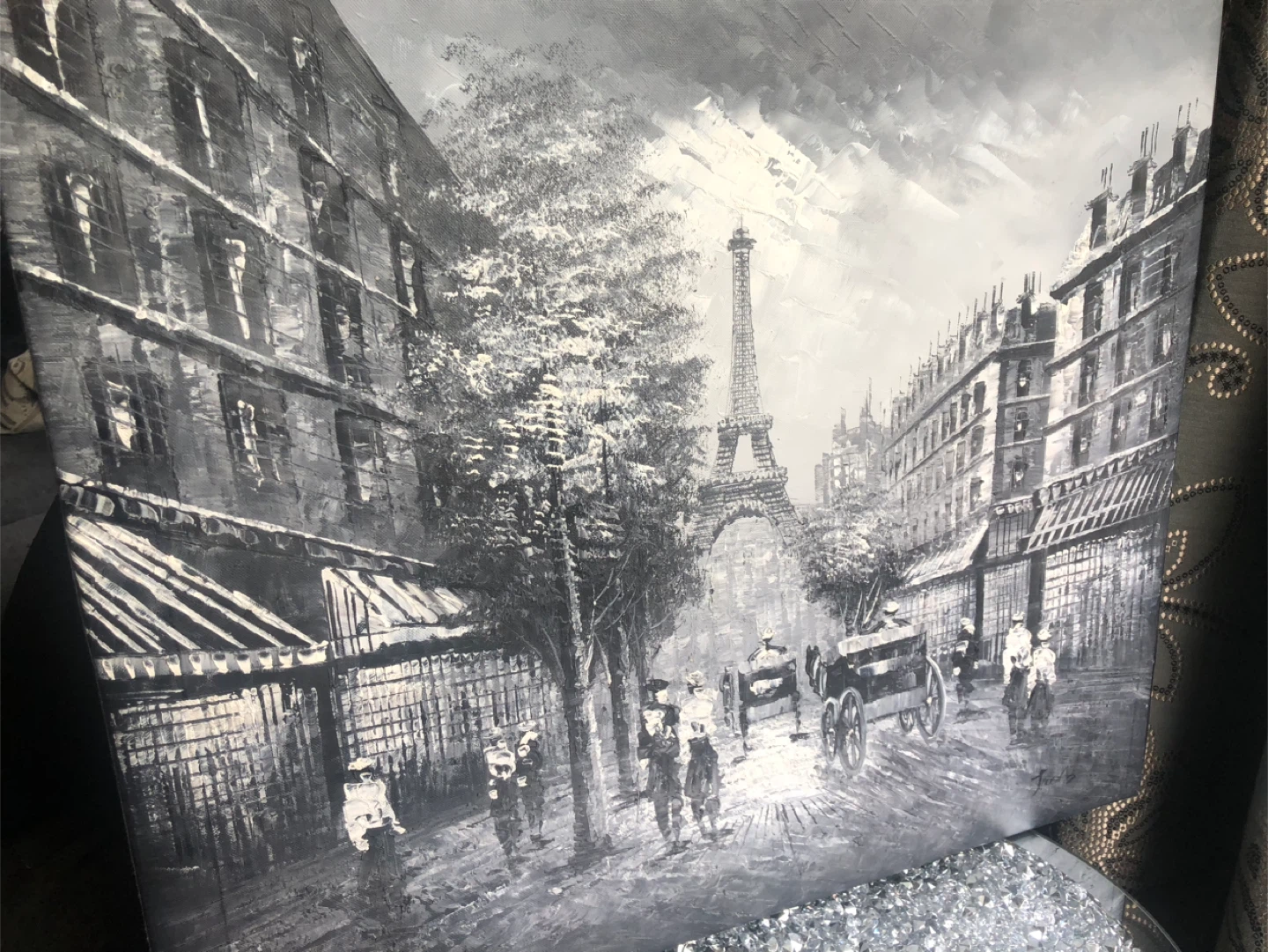Historic Black & White Paris Scene Painting with Eiffel Tower