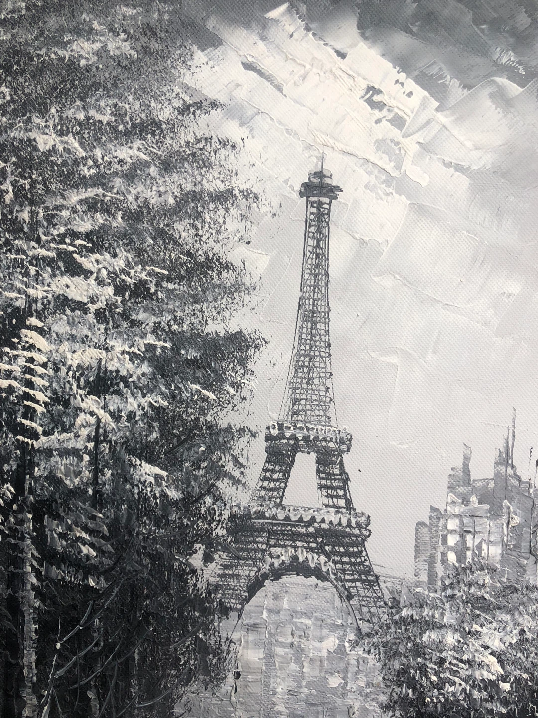Historic Black & White Paris Scene Painting with Eiffel Tower - photo 2