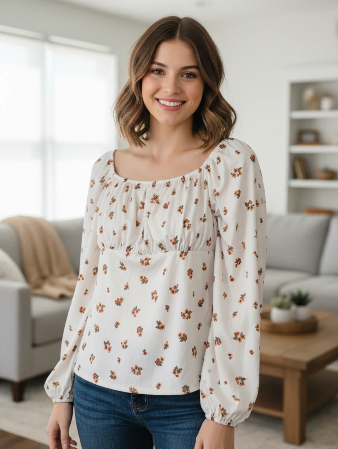 DISCREET Floral Print Long Sleeve Top