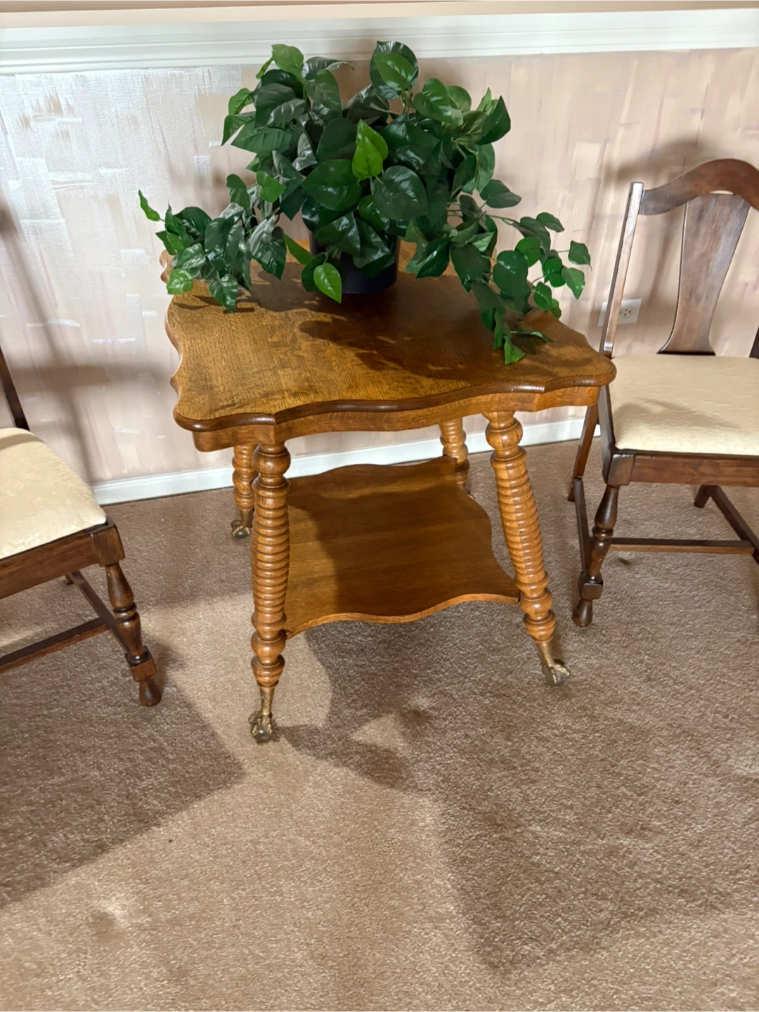 Vintage Carved Wood Side Table with Casters