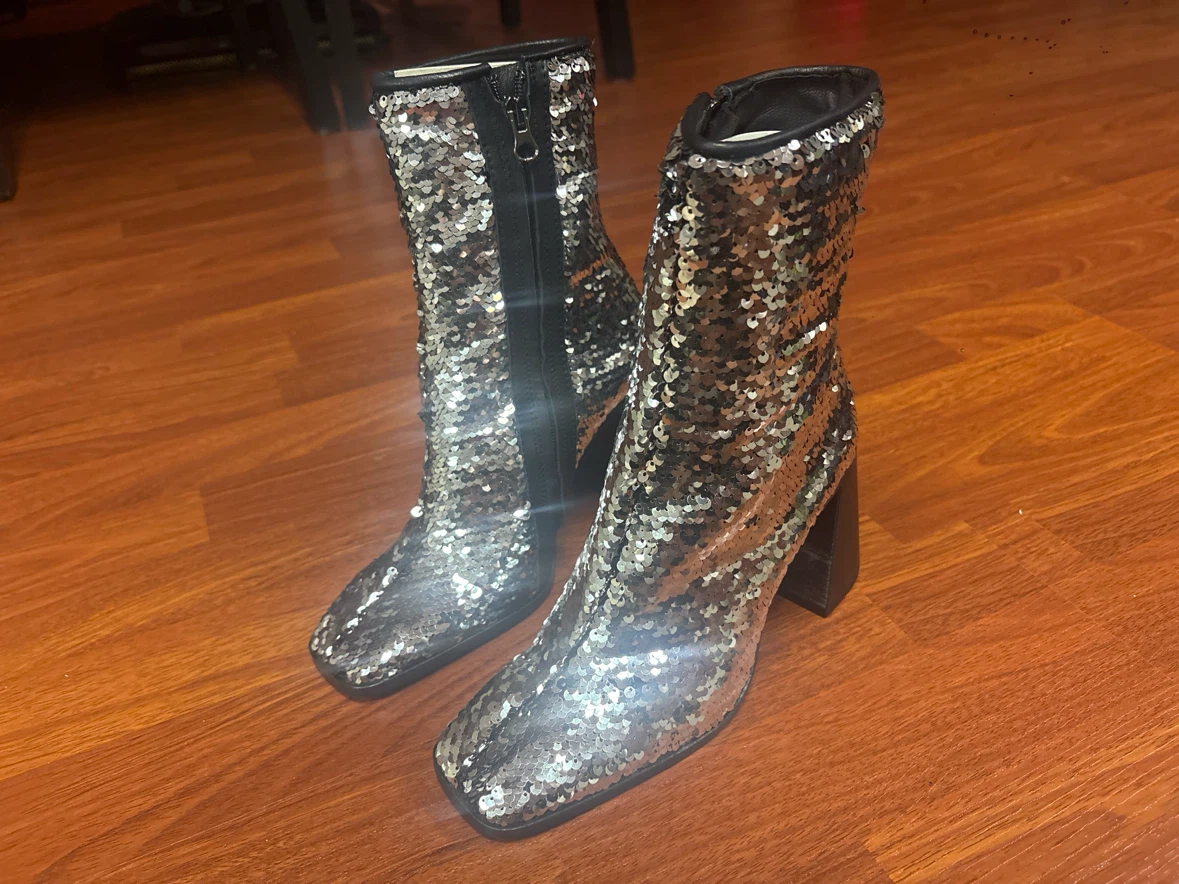 Silver Sequin Block Heel Boots
