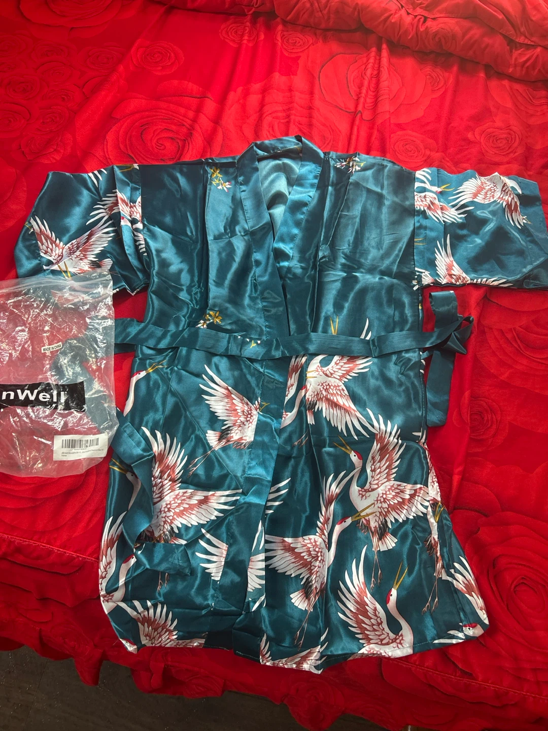 Teal Crane Print Kimono Robe - Size M