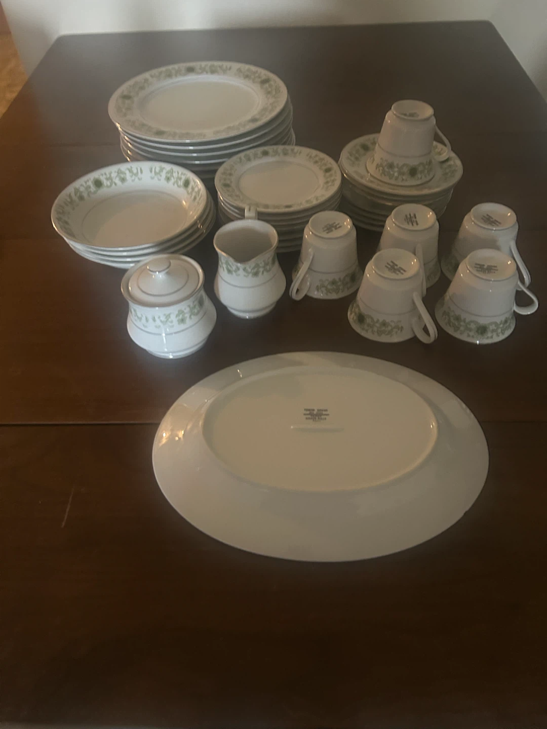 White Dinnerware Set with Green Floral Trim