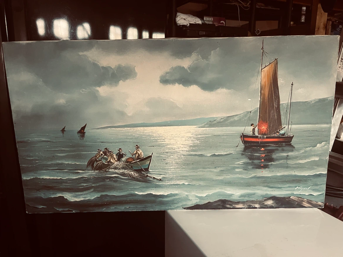 Vintage Seascape Painting - Fishing Boats at Sea