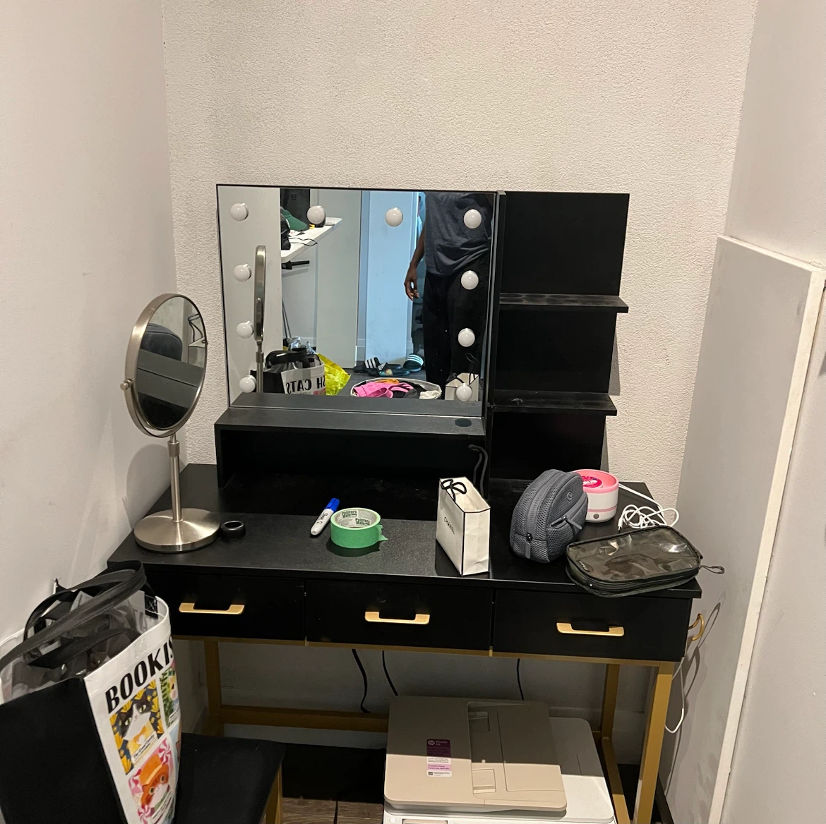 Black Vanity Desk with Light-Up Mirror