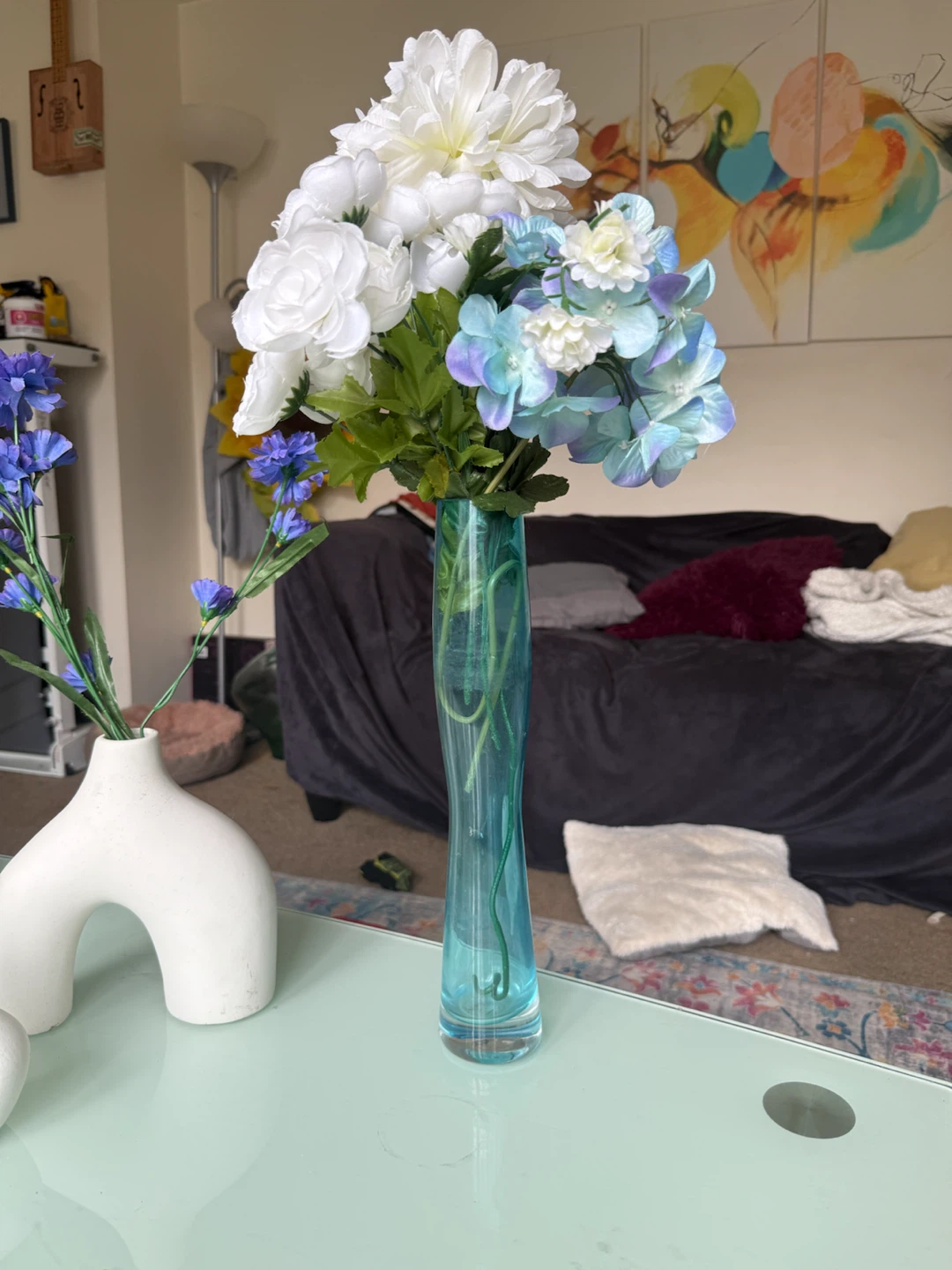 Artificial Flower Arrangement with Blue and White Flowers