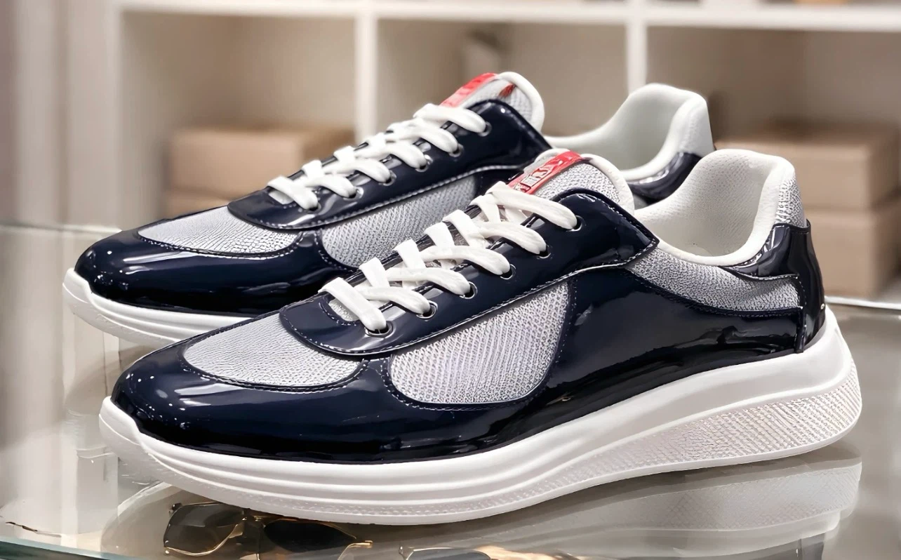 Prada Navy Patent Leather & Mesh Sneakers