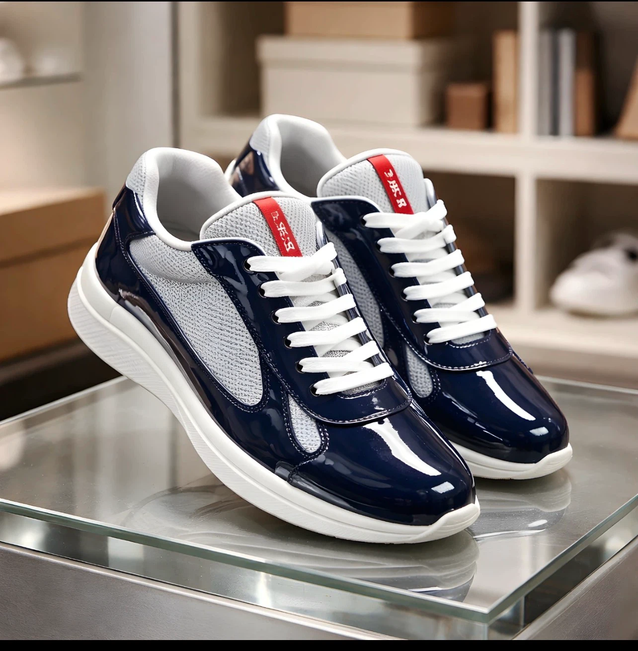 Prada Navy Patent Leather & Mesh Sneakers - photo 2